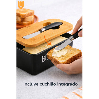 Mantequillero Ceramica Tapa Bambu Cuchillo Mantequilla Bambu