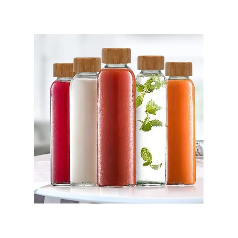 Botella De Vidrio Con Tapa Bambu Botella Agua Jugo Bebida 1l
