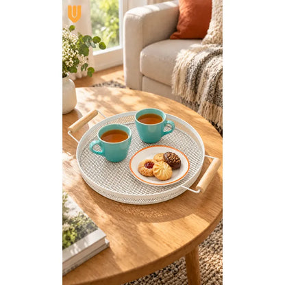 Bandeja Circular Metal Blanco Asas Madera Desayuno 28cm Blanco Bandeja Circular Redonda Malla Metal Asas Madera Base Calada Borde Bajo Servicio Desayuno Once Café Té Cocina 28cm