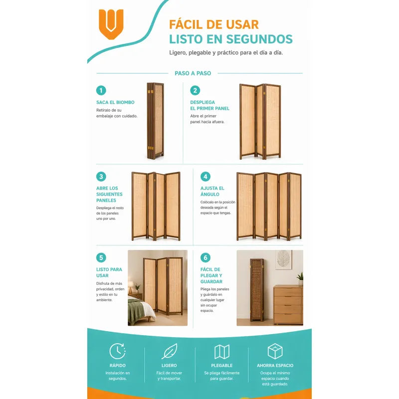 Biombo Separador Ambiente 4 Paneles Plegable Hogar 180cm Dec Biombo Tela Trenzada Panel Plegables Decoración Interior Elegante Divisor Ambientes Estilo Contemporáneo Funcional Hogar Beige