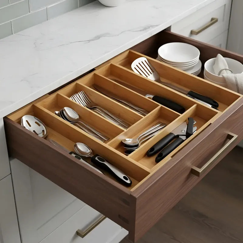 Organizador Cubiertos Bambú Expandible Cajón Cocina Ajustabl Bambú