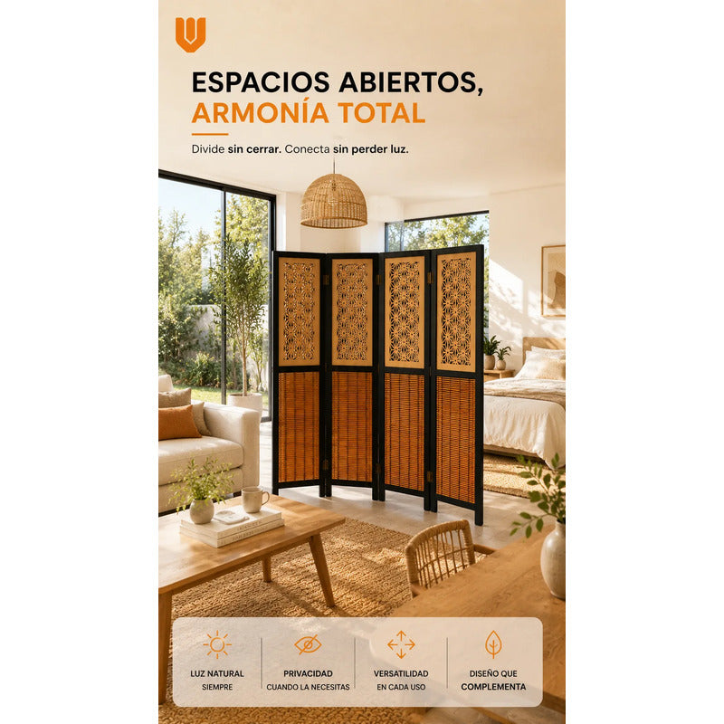 Biombo Separador 4 Puertas Oficina Divisor Ambientes 180 Cm Biombo Decorativo Separador Ambientes Moderno Plegable 4 Paneles Bambú Natural Living Dormitorio Oficina Marrón Negro Beige Bambú...