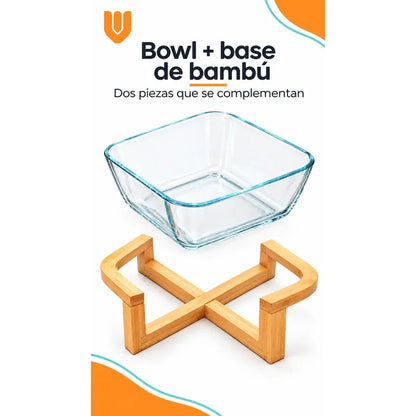 Bowl Vidrio Ensaladera Cuadrada Base Madera Bambu 20cm Transparente Base Bambu Bowl Cuadrado Vidrio Transparente Base Bambú Natural Soporte Cruzado Ensaladera Mesa Cocina 20cm