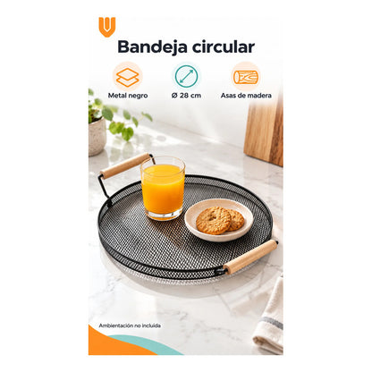 Bandeja Circular Metal Negro Asas Madera Desayuno 28cm Negro Bandeja Circular Redonda Malla Metal Asas Madera Base Calada Borde Bajo Servicio Desayuno Once Café Té Cocina 28cm