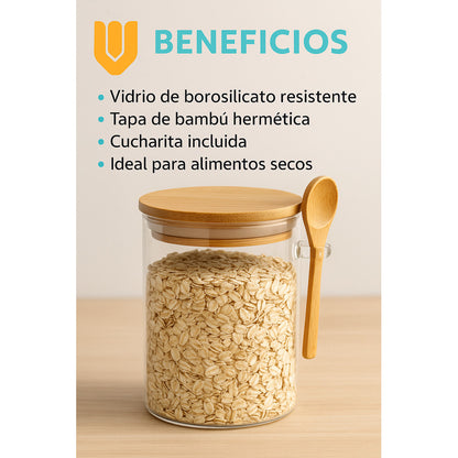 Frasco Vidrio Tapa Bambu Tarro Hermetico Vidrio Bambu 700 Ml