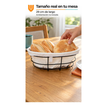 Panera Canasto Tela Ovalada 29cm Base Metal Servir Pan Blanco Panera Ovalada Canasta Pan Tela Metal Negro Borde Plegado Base... 29cm