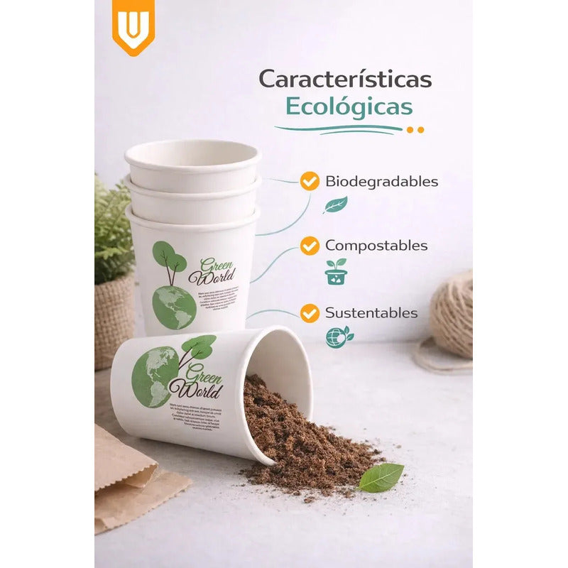 100 Vasos Cafeteria Bebidas Calientes Invierno Te Cafe 235ml Blanco Verde Natural Eco Biodegradable Compostable Sostenible Resistente Calor Antifugas Uso Cafeteria Bebidas Calientes Frias