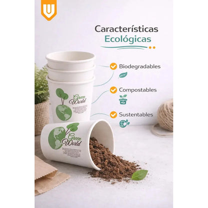 100 Vasos Cafeteria Bebidas Calientes Invierno Te Cafe 235ml Blanco Verde Natural Eco Biodegradable Compostable Sostenible Resistente Calor Antifugas Uso Cafeteria Bebidas Calientes Frias