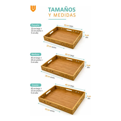 Set 3 Bandejas Desayuno Rectangular Bambú Servir Decorativas Set 3 Bandejas Bambú Rectangulares Asas Laterales Bordes Diseño Calado Apilables Servicio Hogar Cocina Set 3 Bandejas Desayuno