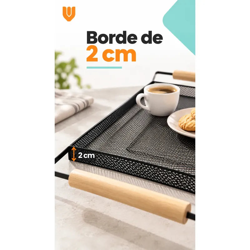 Bandeja Rectangular Metal Negro Asas Madera Desayuno 44cm Negro Bandeja Rectangular Malla Metal Asas Madera Base Calada Borde Elevado Servicio Desayuno Once Café Cocina Comedor 44cm-color Negro