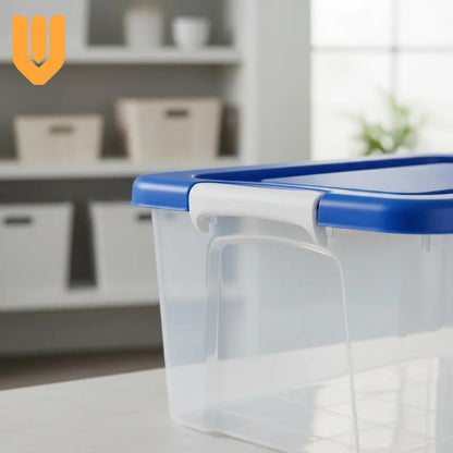 Caja Organizadora Almacenamiento Transparente Aplilable 28 L Transparente Tapa Azul Organizadora