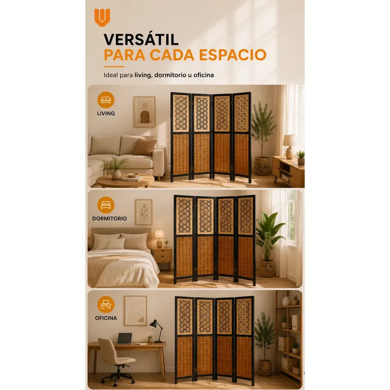 Biombo Separador 4 Puertas Oficina Divisor Ambientes 180 Cm Biombo Decorativo Separador Ambientes Moderno Plegable 4 Paneles Bambú Natural Living Dormitorio Oficina Marrón Negro Beige Bambú...