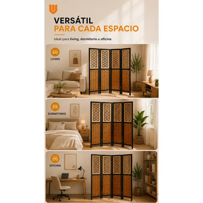 Biombo Separador 4 Puertas Oficina Divisor Ambientes 180 Cm Biombo Decorativo Separador Ambientes Moderno Plegable 4 Paneles Bambú Natural Living Dormitorio Oficina Marrón Negro Beige Bambú...