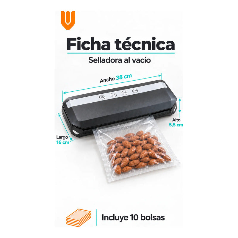 Selladora Vacio 38cm Negra Alimentos Máquina 10 Bolsas Negro Selladora Vacío Alimentos Sellado Empacadora Envasadora Bolsas Texturizadas Cocina Porciones Organización