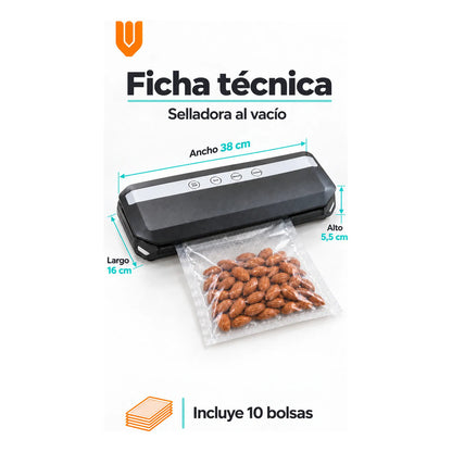 Selladora Vacio 38cm Negra Alimentos Máquina 10 Bolsas Negro Selladora Vacío Alimentos Sellado Empacadora Envasadora Bolsas Texturizadas Cocina Porciones Organización