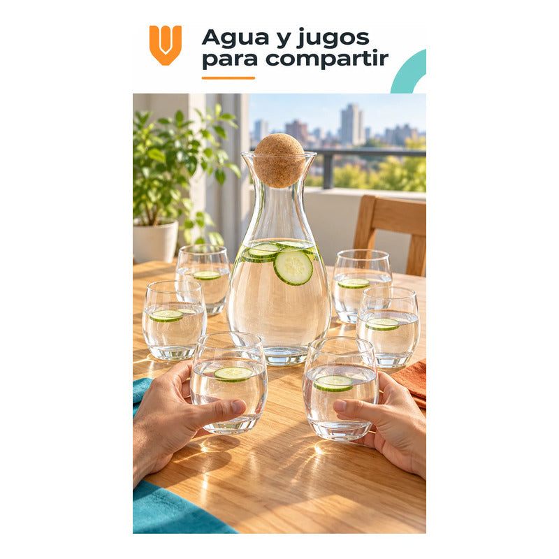 Jarra Vidrio 1800ml Jugo Tapa Corcho 6 Vasos 400 Ml Transparente Jarra Agua Jugo Vidrio Transparente Vasos Curvos Set 1800 Ml 400 Ml Tapón Bola Corcho Cocina Comedor 1800ml