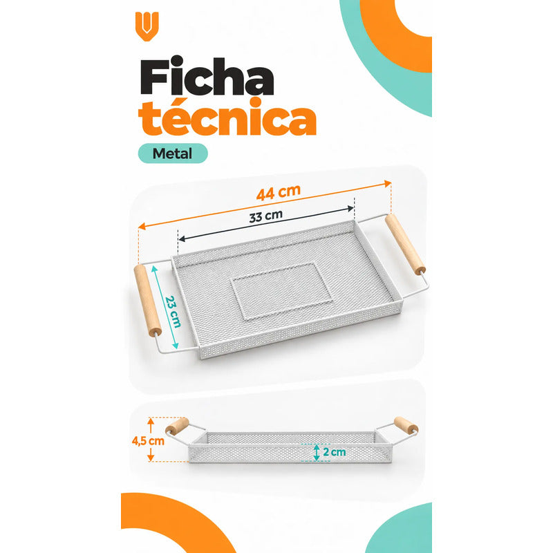 Bandeja Rectangular Metal Blanca Asas Madera Desayuno 44cm Blanco Bandeja Rectangular Malla Metal Asas Madera Base Calada Borde Elevado Servicio Desayuno Once Café Cocina Comedor 44cm-color Blanco