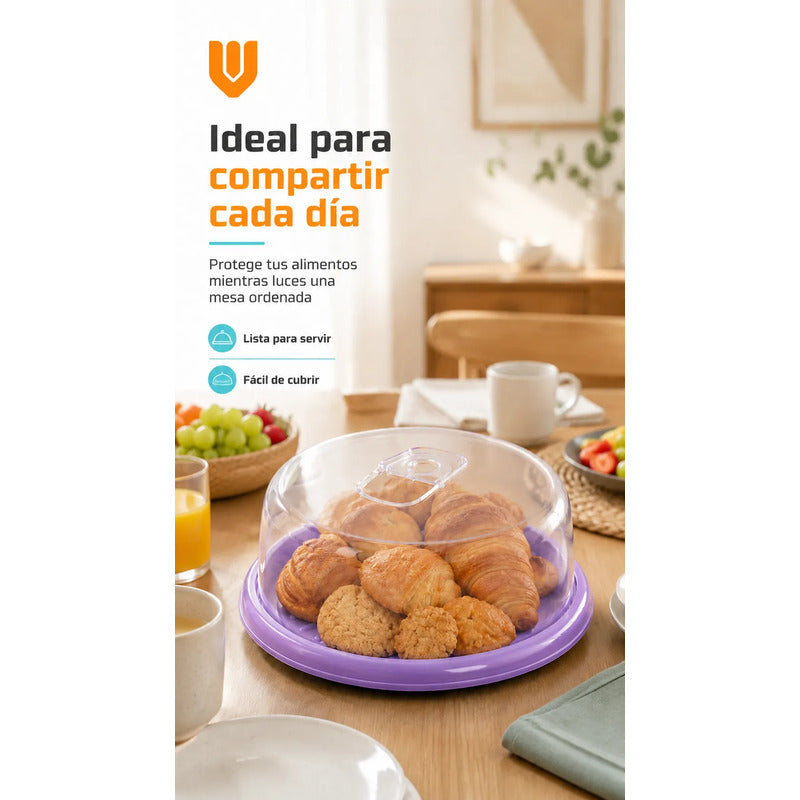 Base Tortas Bandejas Porta Cupcakes Soporte Dulces Lila Pastel Base Lila Tapa Transparente Asa Cristalina Acabado Brillante... Pequeño Diámetro 30cm Largo 31cm Ancho 30cm Formato Circular Compacto...