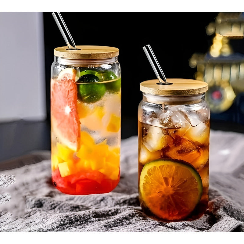 X4 Vaso Lata De Vidrio Con Bombilla Tapa De Bambu 480ml