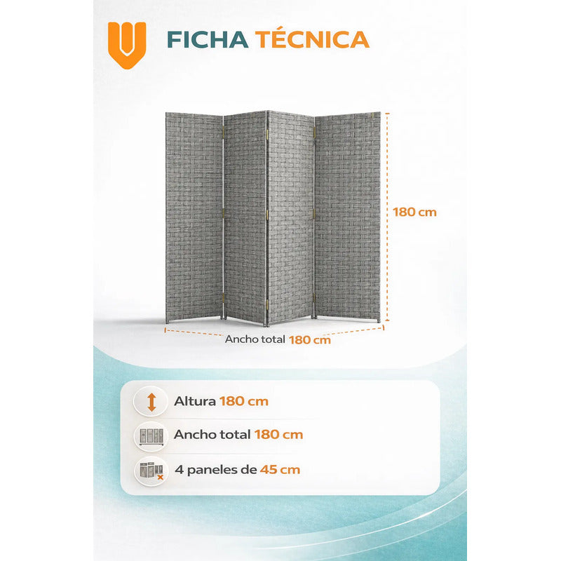 Biombo Divisor Oficina Ambientes Separador 4 Puertas 180 Cm Gris Claro Biombo Divisor Ambientes 4 Paneles 180 Cm Separador Oficina Hogar Plegable Geometrico Gris Claro Ratan Geometrico Ratan...