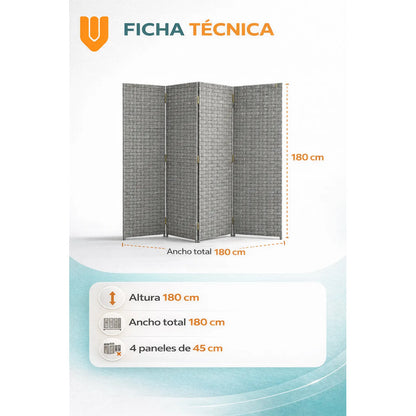 Biombo Divisor Oficina Ambientes Separador 4 Puertas 180 Cm Gris Claro Biombo Divisor Ambientes 4 Paneles 180 Cm Separador Oficina Hogar Plegable Geometrico Gris Claro Ratan Geometrico Ratan...
