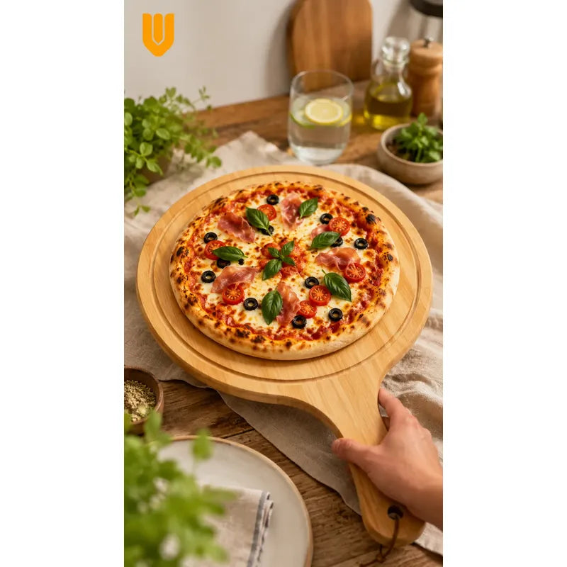 Tabla Bambu Pizza Picoteo Redonda Uso Hogar Cocina Resistent Bambú Natural Gourmet Artesanal Cocina Elegante Minimalista Rustico Premium Presentacion Pizza Picoteo Marron Natural Bambú Madera...