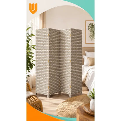 Biombo Separador Plegable Living Dormitorio Oficina 180 Cm Tejido Geométrico Trenzado Natural Líneas Horizontales Paneles Plegables Decoración Moderna Interior Elegante Premium Beige Arena Gris...
