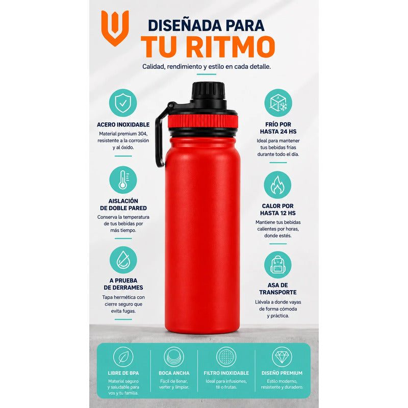 Termo Botella Acero Inoxidable Agua Termica Bebidas Camping Rojo