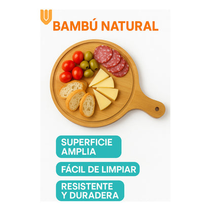 4 Tabla Bambu Redonda Picoteo Pizza Servir 32x45cm Canaleta