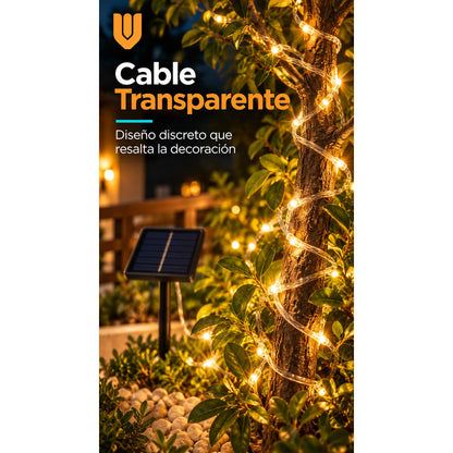 Luces Solares Decoración Navideña Guirnaldas Luz Calida 12m Luz Blanco Calido Cable Transparente Blanco Panel Solar Negro... Luz Blanco Calido Cable Transparente Blanco Panel Solar Negro...