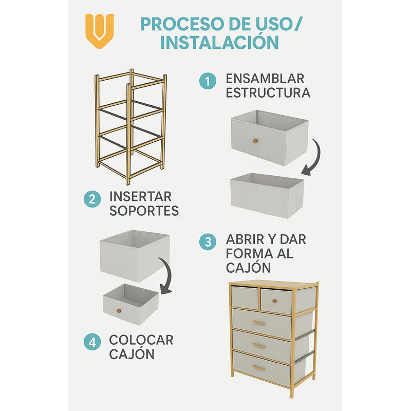 Organizador Comoda Bambu Cajonera 4 Niveles Organización Hog Bambu/cajones Blancos