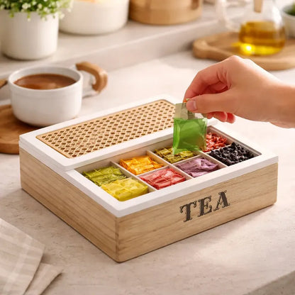 Caja Te Madera 6 Compartimentos Tapa Bambu 24x17x7 Cocina Ma Tono Madera Oscura Natural Acabado Elegante Estilo Nordico Moderno Decorativo Vetas Visibles Premium Cocina Hogar Estetica Calida