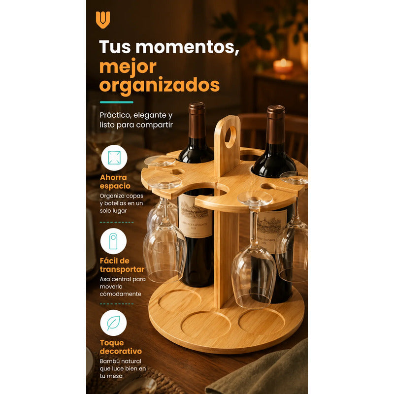 Rack Soporte Porta Vino Copas Organizador Madera Bambu Mader Bambú Mediano