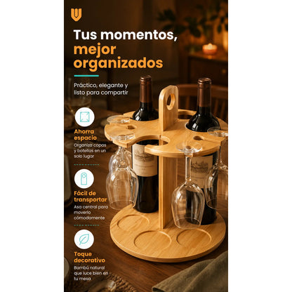 Rack Soporte Porta Vino Copas Organizador Madera Bambu Mader Bambú Mediano