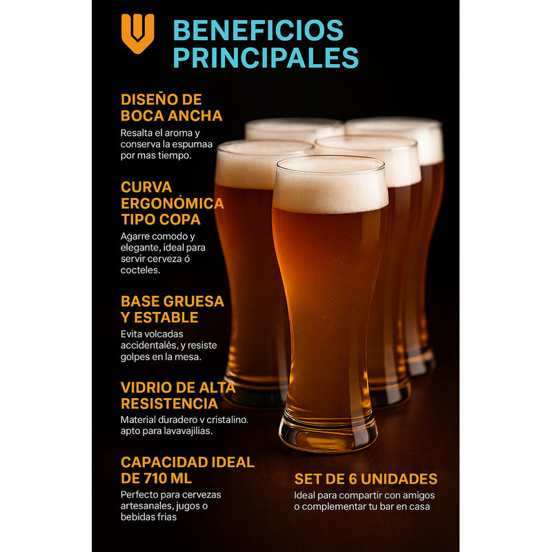 Juego 6 Vasos Cerveceros 710 Ml Vidrio Resistente Ideal Bar