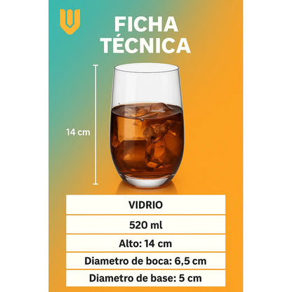 Set 6 Vasos Vidrio Resistente 520 Ml Alto Capacidad Hogar Transparente