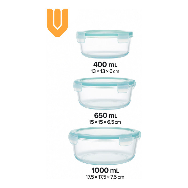 Set 3 Tuppers Vidrio Hermético Microondas Freezer Cocina