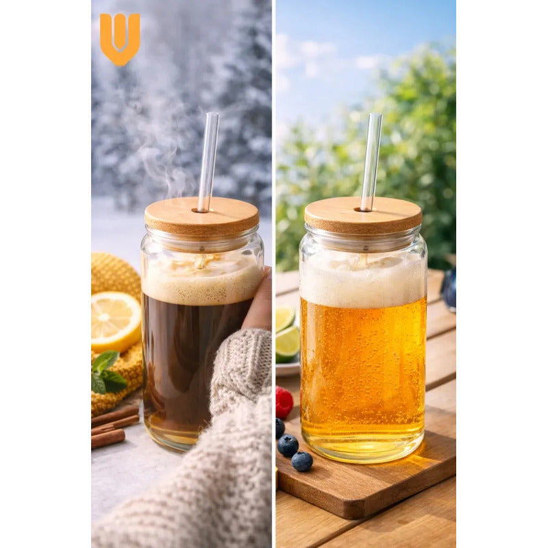 Set 2 Vasos Vidrio 630ml Tapa Bambu Bombilla Cristal Bebidas Frias Jugo Te Helado Cafe Frio Smoothie Limonada Refrescos Uso Diario Hogar Cocina Regalo Decorativo Estilo Moderno