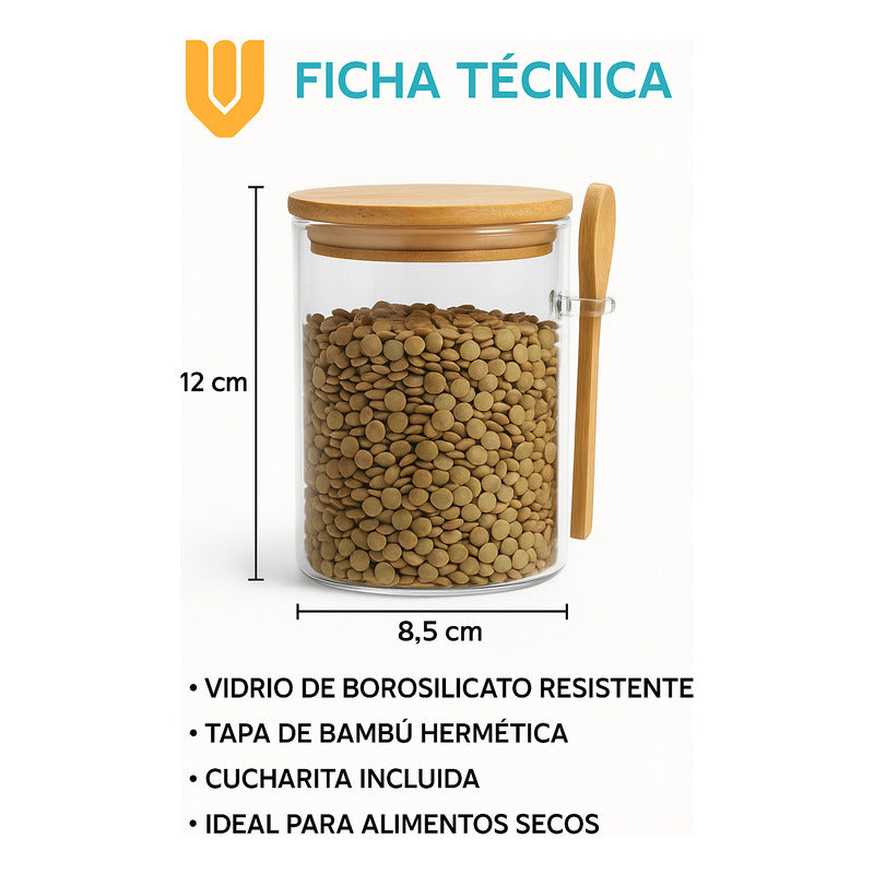 Recipiente Hermetico Bambu Frasco Contenedor Cuchara 500 Ml