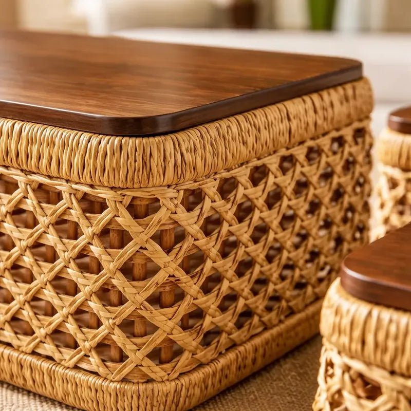 Mesa Centro Nido Ratan Puf Espacios Reducidos Living Hogar Tono Natural Marron Claro Estilo Organico Acabado Calido Textura Ratan Visible Combinacion Madera Look Decorativo Elegante Ambiente