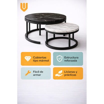 Mesa Centro Redonda Anidada Set 2 Mesas Auxiliares Madera