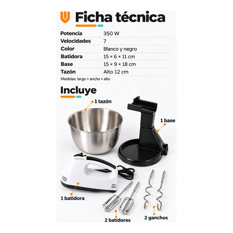 Batidora Electrica 7 Velocidades Base Tazon Pedestal Blanco Batidora Eléctrica Mano Base Tazón Mezcladora Repostería 350 W 7 Velocidades Batidores Ganchos Postres Cremas 50 Y 60 Hz