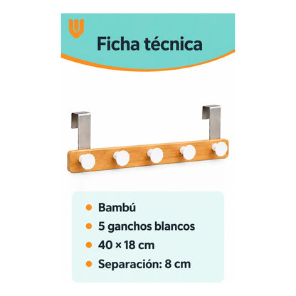 Perchero Ropa Madera 40cm Blanco 5 Ganchos Vitrineon Cl Blanco Perchero Puerta Bambú Blanco Cinco Ganchos Colgador Ropa Toallas Bolsos Organizador Horizontal Dormitorio Entrada Hogar 40cm
