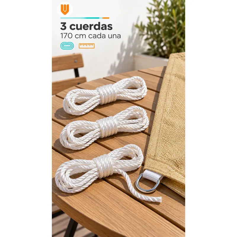 Toldo Vela Sombra Lona Cubierta Terraza Jardín 1.90x3 Metros Beige Arena Claro Dorado Suave Tonalidad Cálida Bordes Costuras Al Tono Cintas Cuerdas Blancas Argollas Plateadas 1.90 Largo X 3.03 Metros