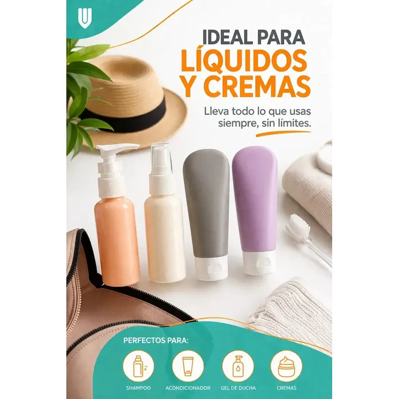 Botellas Silicona Recargables Viaje Cabina Antiderrame Tonos Pastel Suaves Modernos Viaje Liquidos Organizacion Visual Facil Identificacion Silicona Flexible Diseño Compacto Elegante