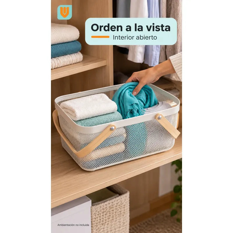 Canasta Organizadora Metal Blanco Asas Madera 40x24x19 Cm Blanco Canasta Organizadora Canasto Cesta Metal Asas Madera Malla Romboidal Orden Textiles Frutas Cocina Baño Clóset