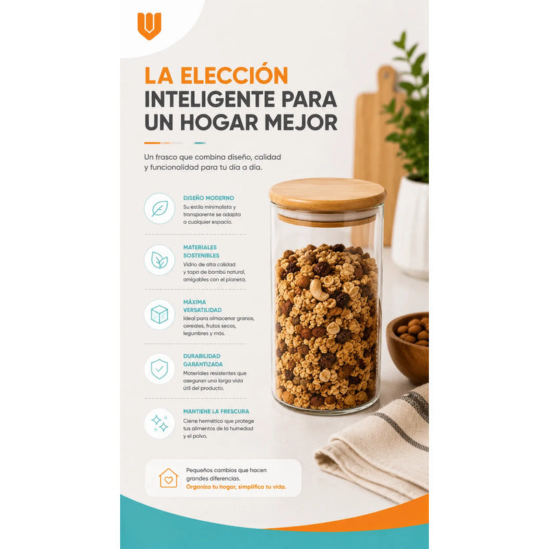 Frasco Vidrio Cocina Hermetico Cilindrico Tapa Bambu 400 Ml 5 Unidades