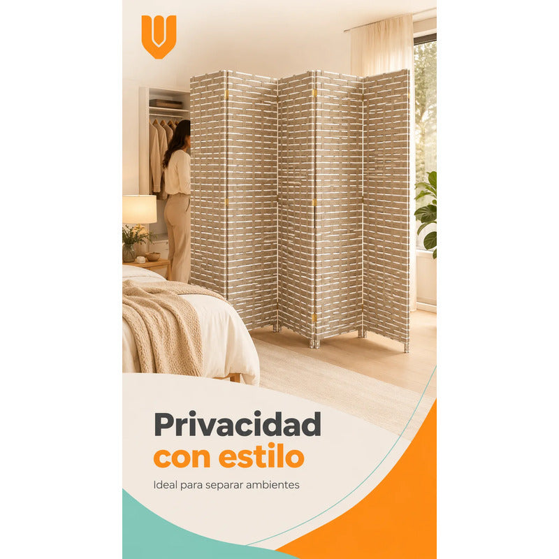 Biombo Separador Plegable Living Dormitorio Oficina 180 Cm Tejido Geométrico Trenzado Natural Líneas Horizontales Paneles Plegables Decoración Moderna Interior Elegante Premium Beige Arena Gris...