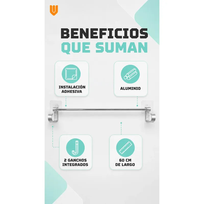 Toallero Adhesivo Baño Soporte Pared Organizador 60cm Toalla Toallero Adhesivo Baño 60cm Aluminio Plateado Porta Toalla Barra Pared Sin Taladro Dos Ganchos Organizador Moderno Mural 8,5x60cm