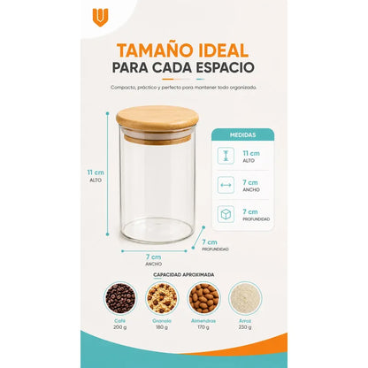 Frasco Vidrio Cocina Hermetico Cilindrico Tapa Bambu 400 Ml 6 Unidades